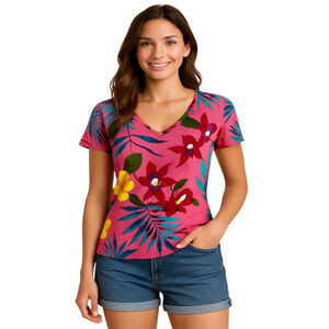 Tommy Hilfiger T-Shirt Womens M Pink Floral Tropical Boho V-Neck Casual Stretch